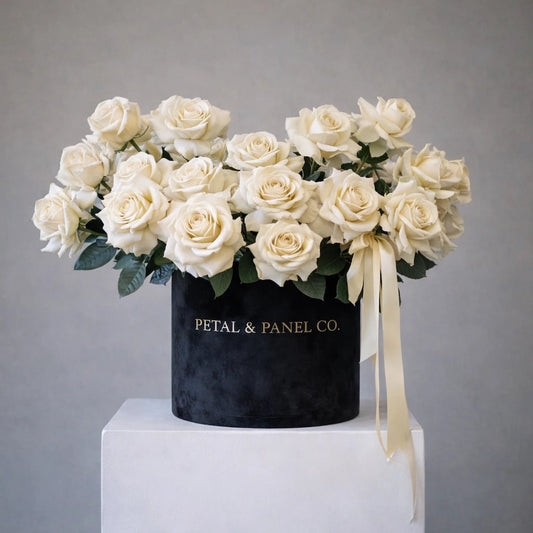 Bouquet of white roses in a black box with 'Petal & Panel Co.' branding on a gray background.