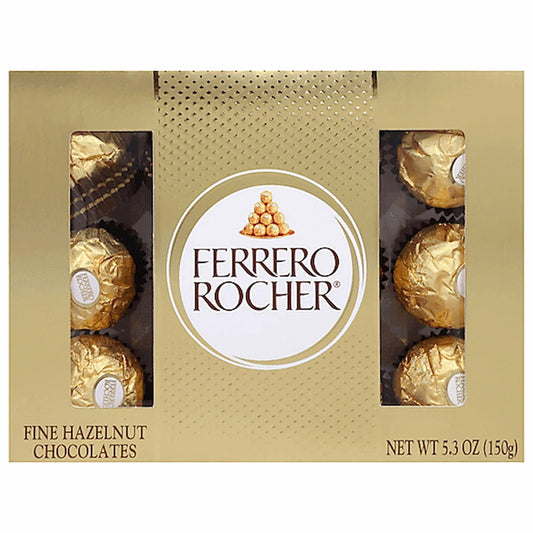Ferrero Rocher chocolate box with gold packaging and visible chocolates.