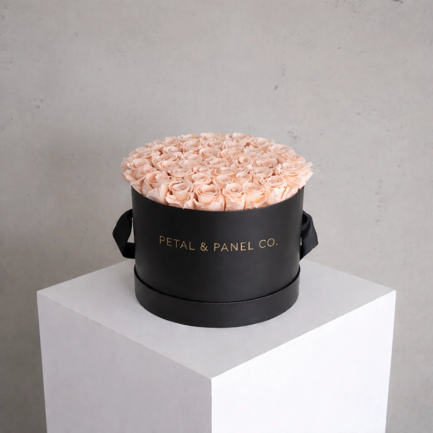 Black round box with pink roses labeled 'Petal & Panel Co.' on a white pedestal against a gray background