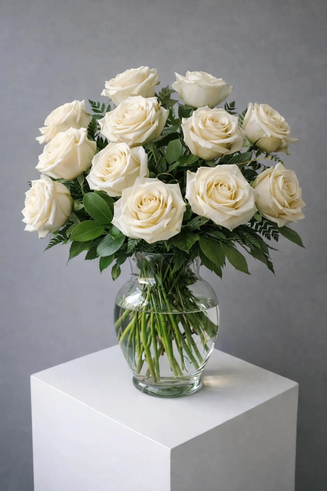 Bouquet of white roses in a clear vase on a gray background