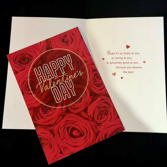 Valentine's Day card with red rose design and 'Happy Valentine's Day' text.