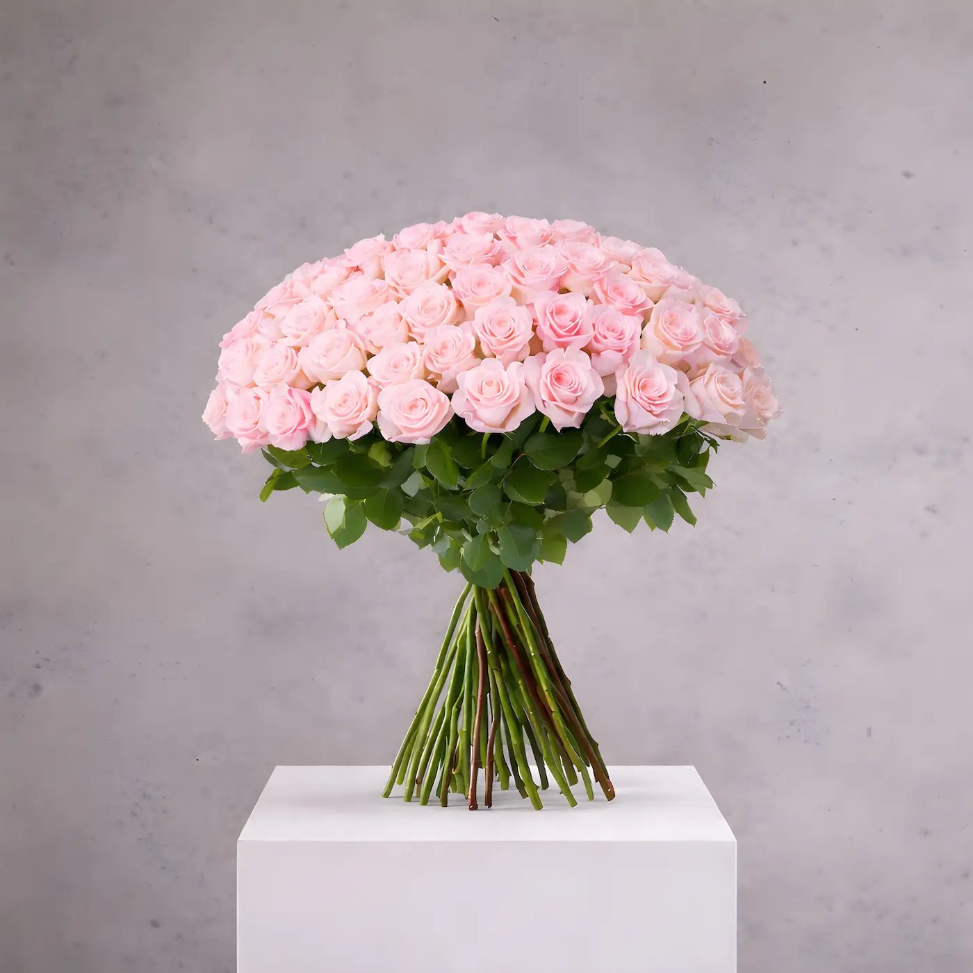 Bouquet of pink roses on a white pedestal against a gray background